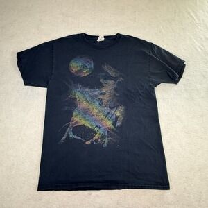 Rainbows Cats and Unicorn Black Graphic Tee Medium Front Graphic Faded *‎